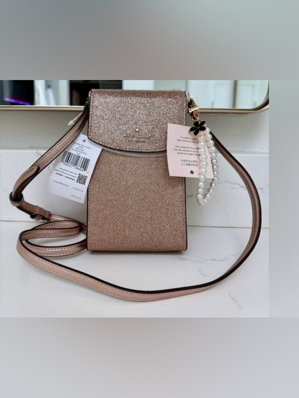 kate spade Crossbody Glitter Rose Gold! NWT in Factory Packing w/ free bag charm
